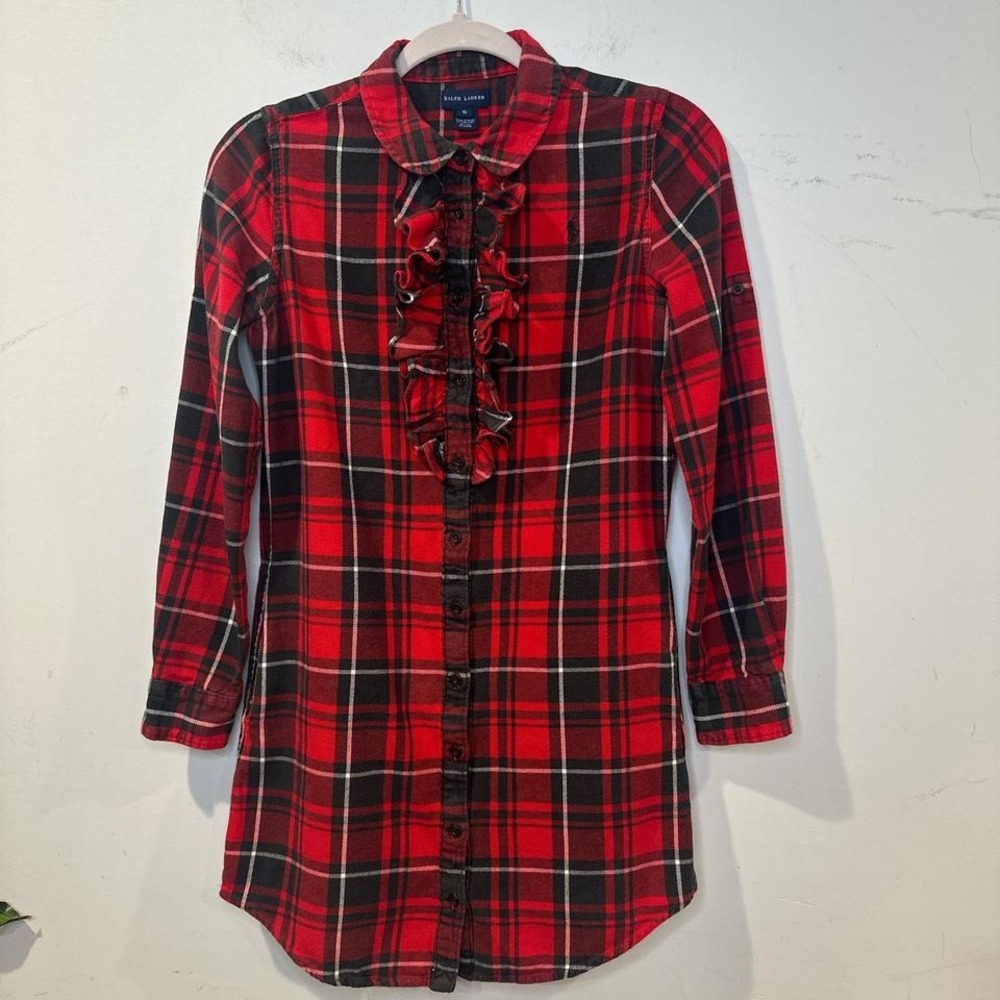 Ralph Lauren Red tartan plaid button up girls dress 16/ women's top S / XS - Picture 5 of 8